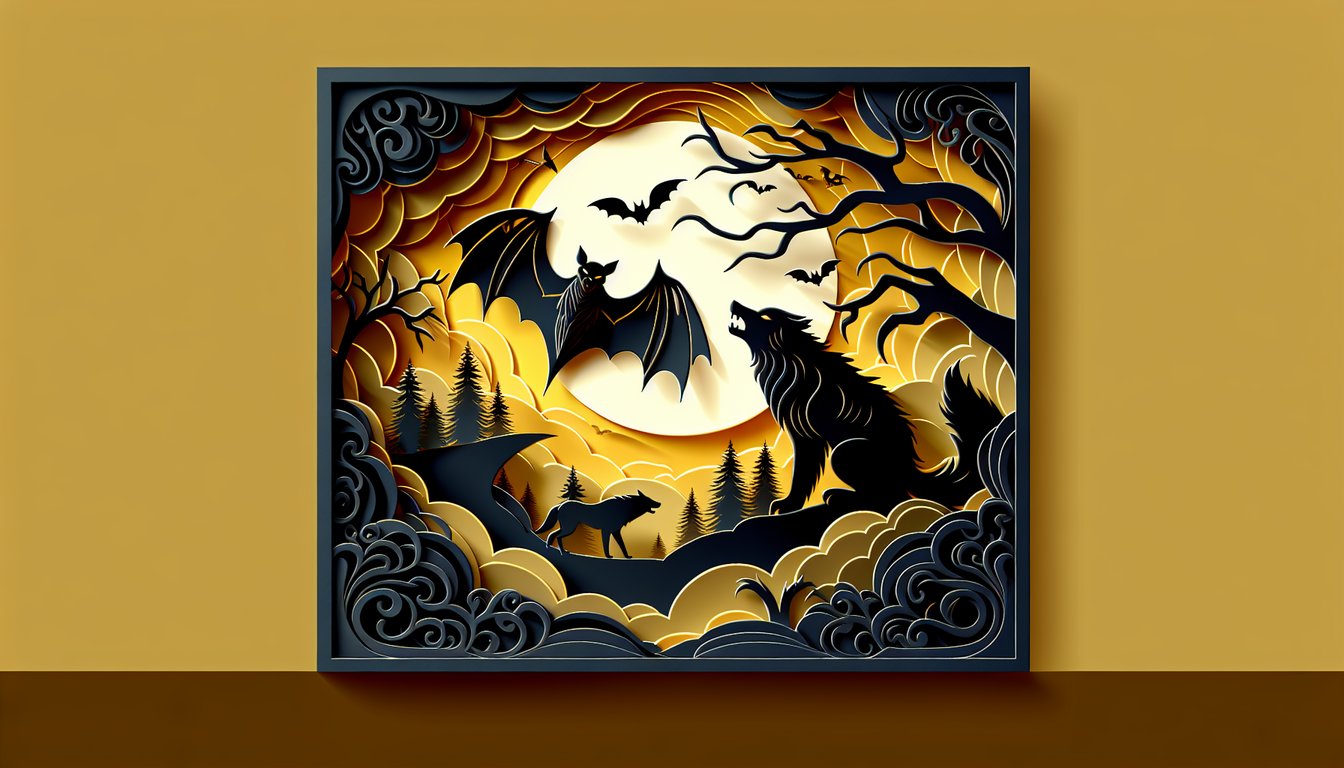 Paper art illustration for vampire or werewolf quiz on golden yellow background