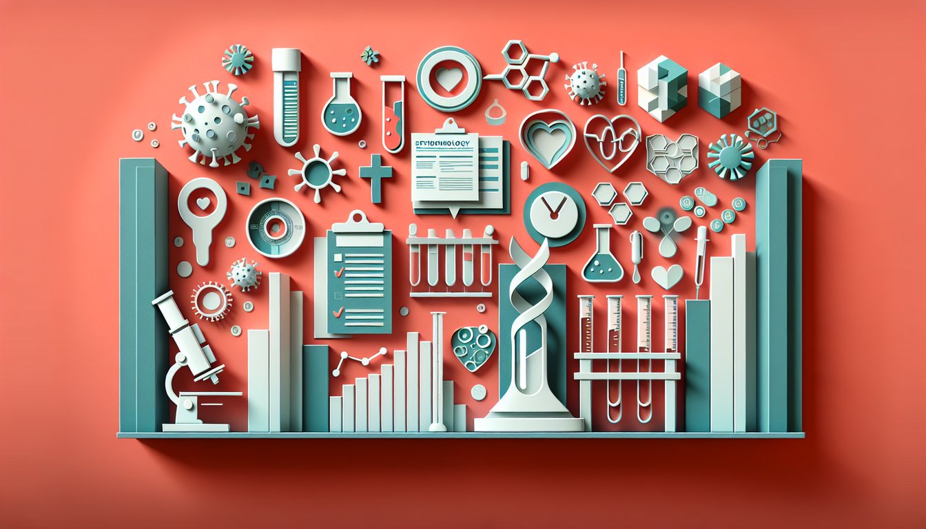 paper art epidemiology quiz with charts graphs risk ASHD rates magnifying glass test tube on coral background