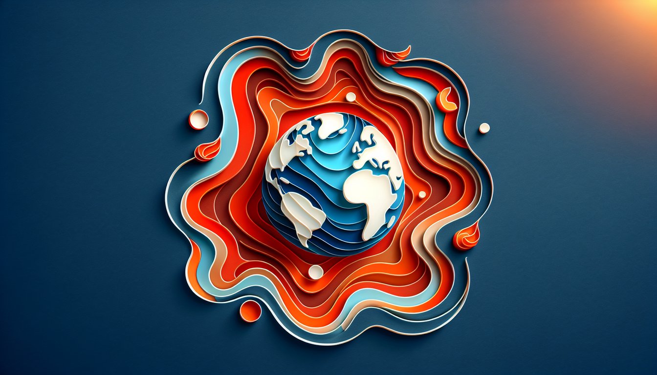 Paper art showing swirling fluid with red rising arrows and blue sinking arrows on dark blue background for convection quiz