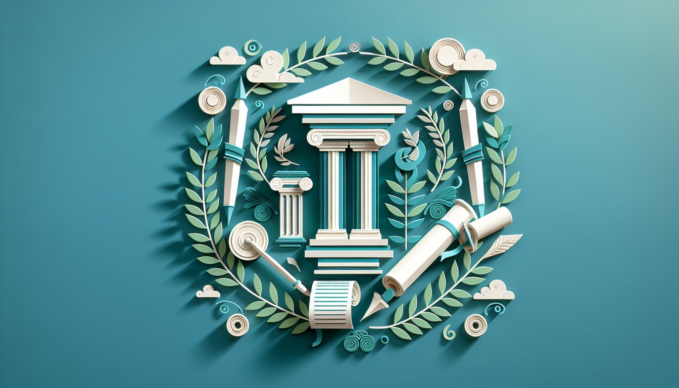 Paper cut art illustration of Greek and Latin roots quiz symbols on teal background