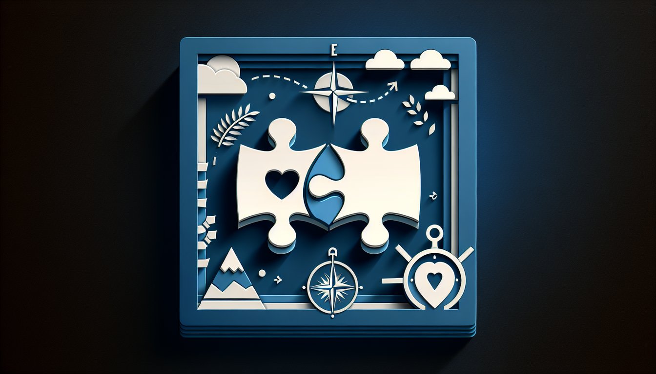 Paper art illustration of layered hearts on dark blue background inviting couples to take a compatibility quiz