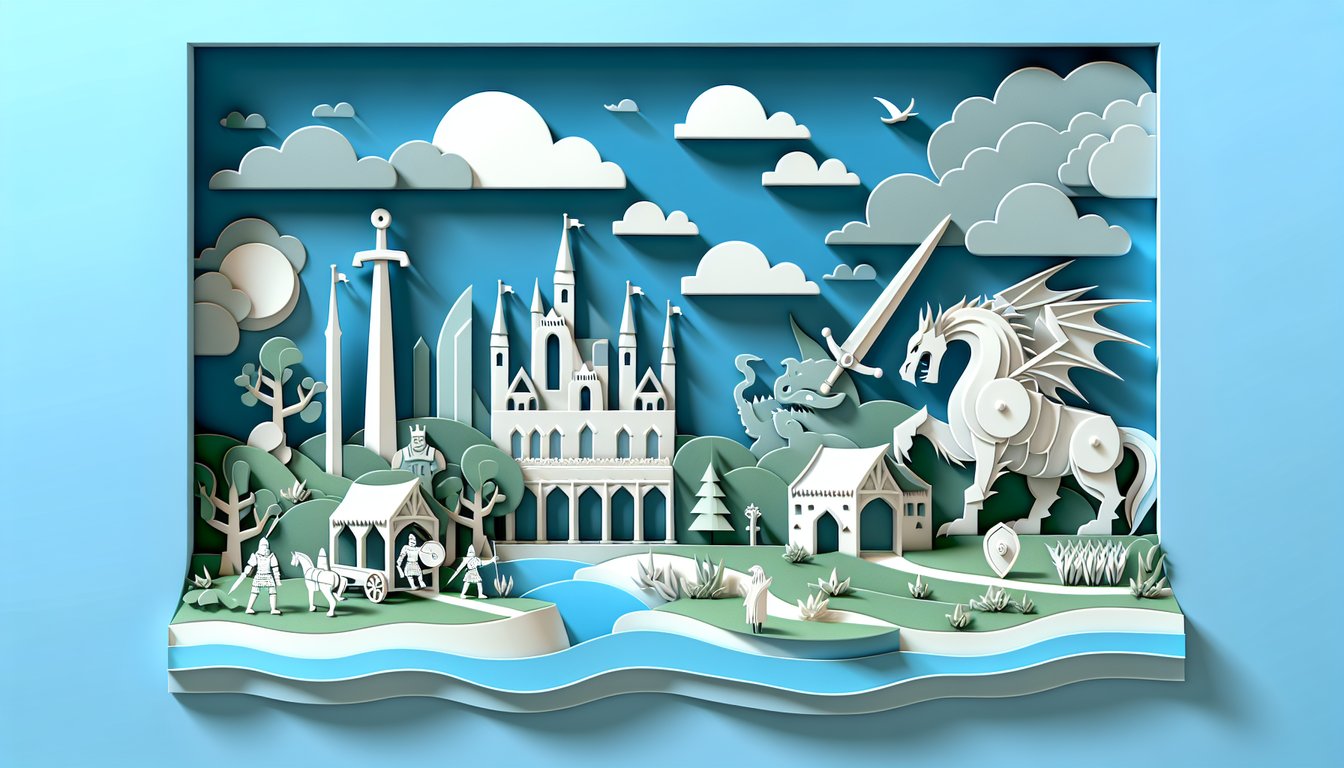 Paper art illustration showing an MLA citation quiz for Beowulf on a sky blue background.