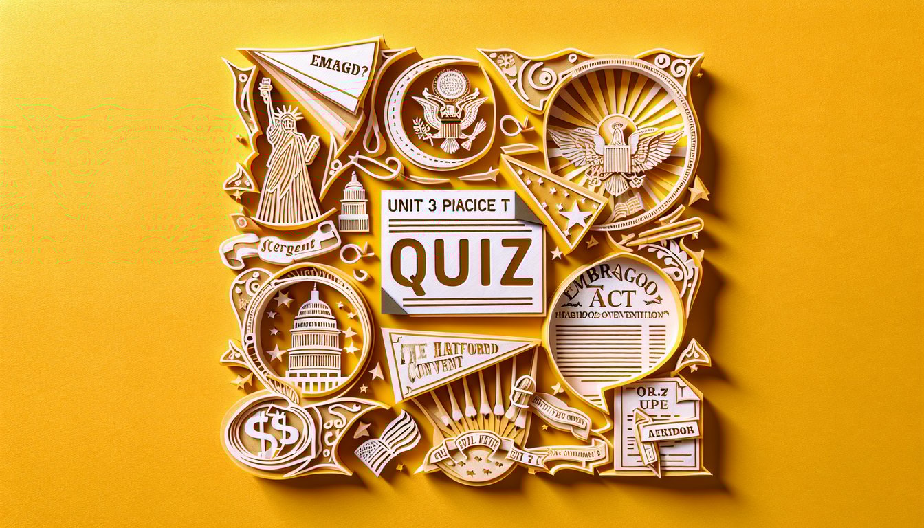 Paper art collage of colonial quill ink bottle parchment scroll letters reading APUSH Unit 3 on golden yellow background.