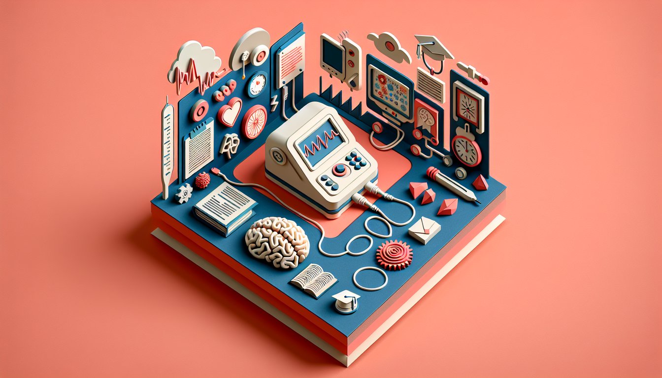 paper art illustration with stylized brain waveform EEG electrodes and quiz icons over coral background