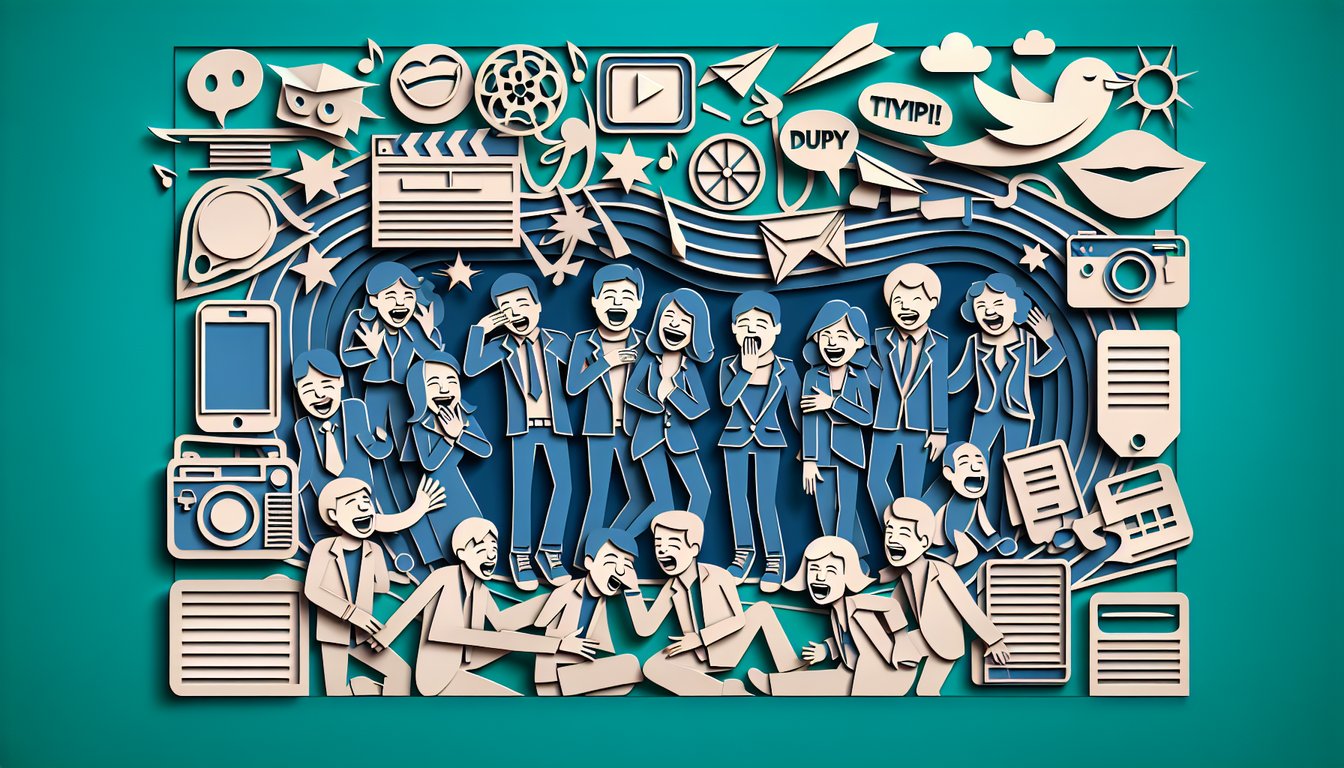 Paper art illustration with speech bubble and question mark icons for dry sense of humor quiz on teal background