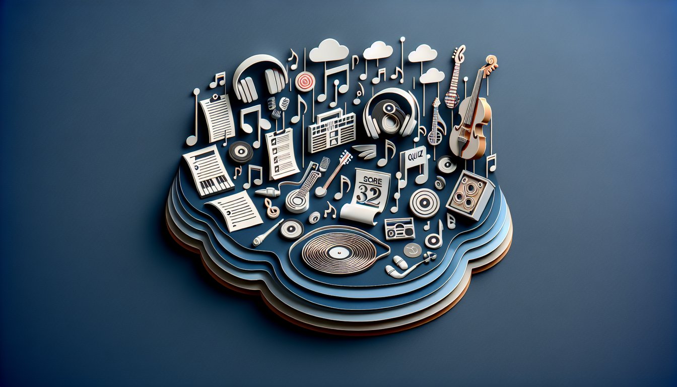 Paper art illustration showing band trivia quiz title with stylized instruments and abstract shapes on dark blue background