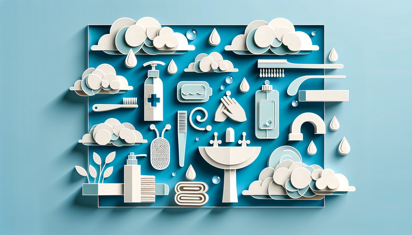 Paper art illustration for hygiene quiz with 10 questions on sky blue background