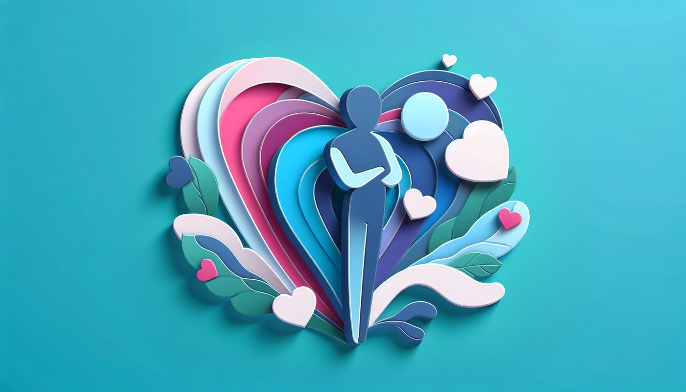 Paper art heart and question mark in speech bubble on teal background quiz exploring feelings boosting confidence and advice