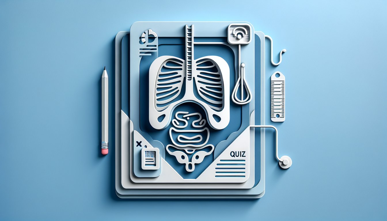 Paper cut art featuring abdominal Xray film letters AXR KUB quiz icons on sky blue background.