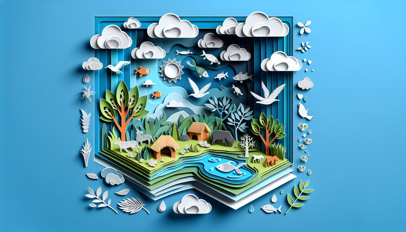 Paper art illustration showing animals with food, water, shelter, warmth symbols on sky blue background for basic needs quiz