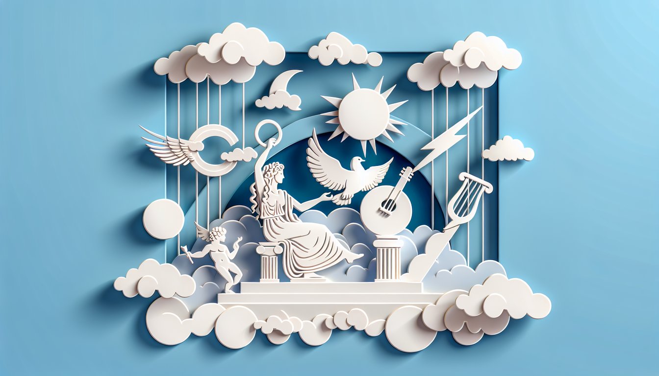 Paper art illustration for Roman mythology trivia quiz on a sky blue background