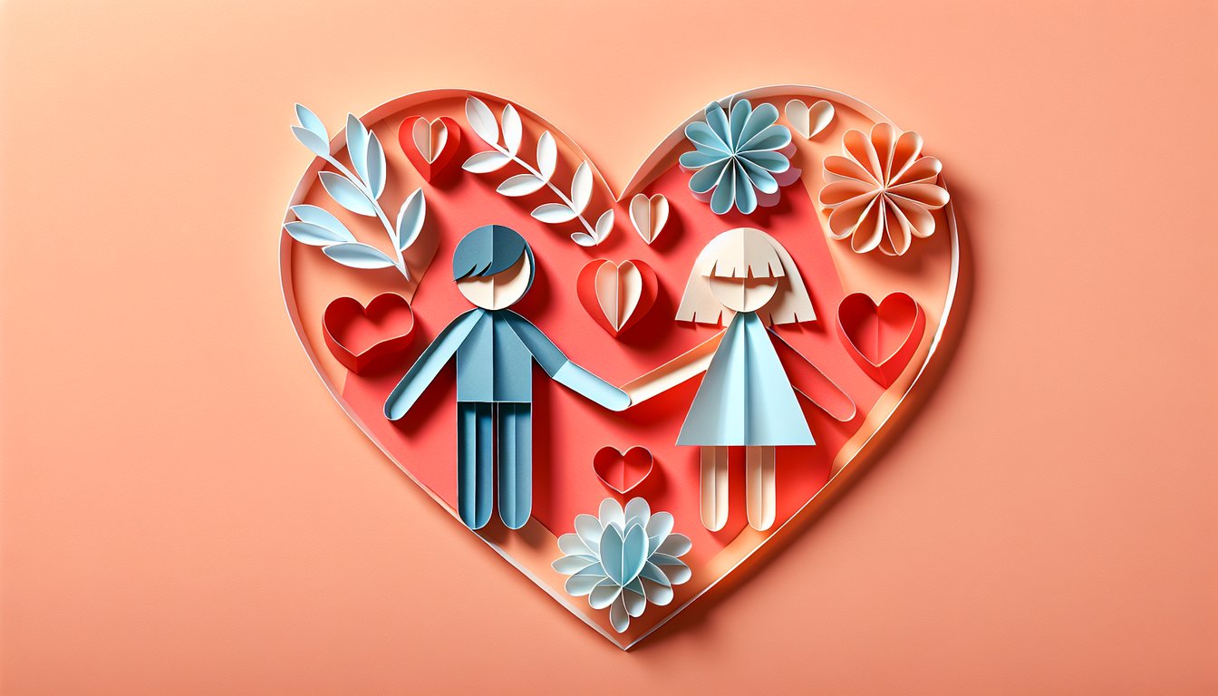 Paper art illustration for More Than Friends quiz on a coral background