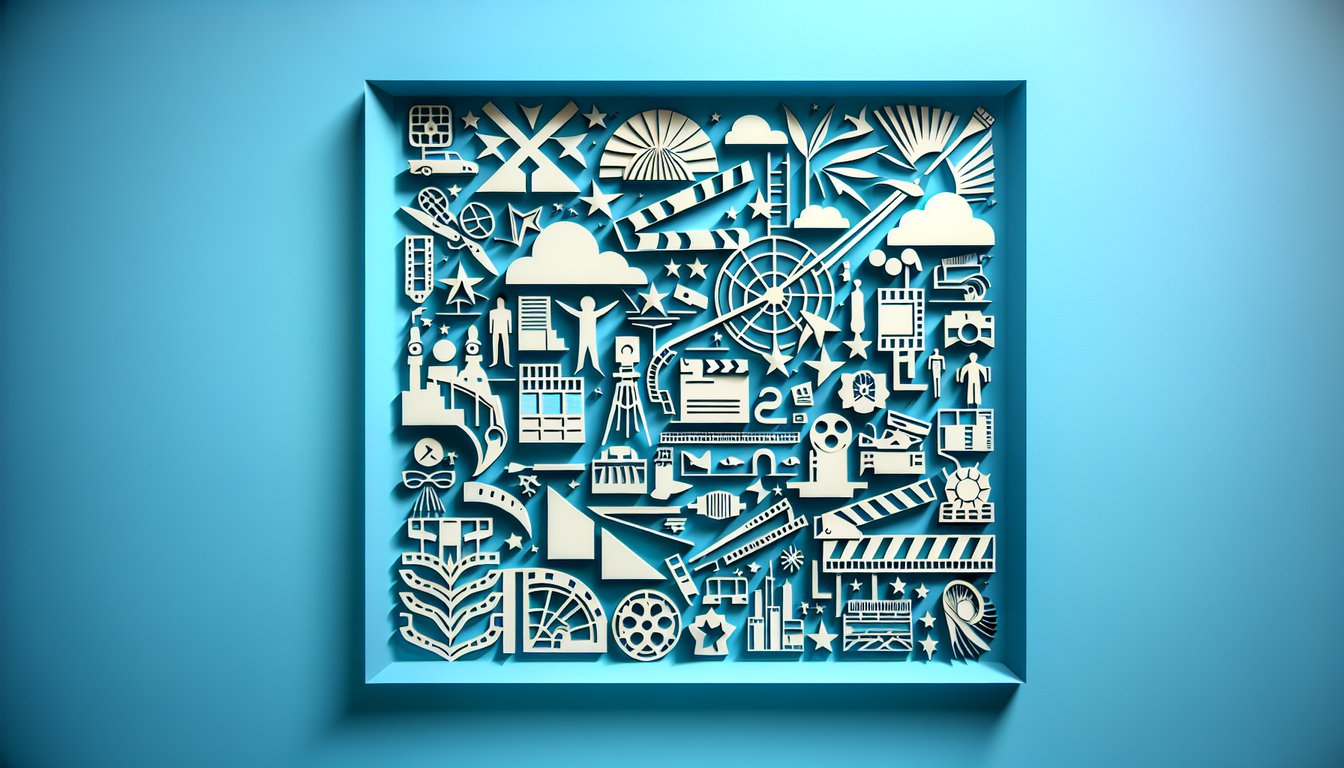 Paper art style collage of film reels popcorn tickets quiz text on sky blue background