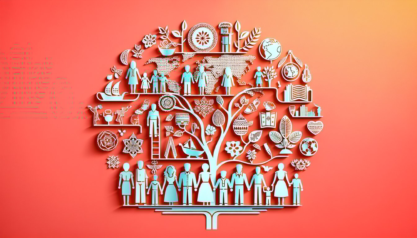 Paper art illustration featuring a family tree map entwined with cultural symbols on a coral background