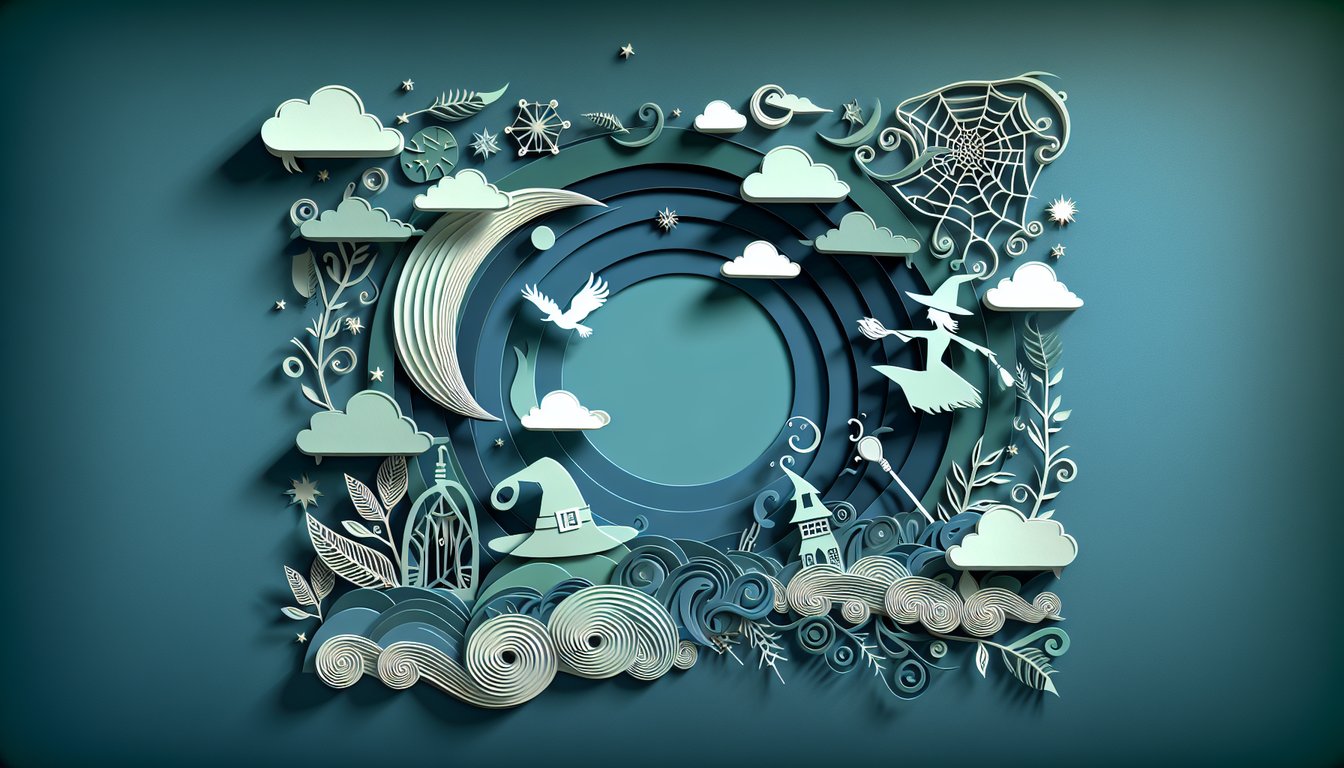 Paper art illustration of a witch and beast in layered cut shapes on a teal background for a personality quiz