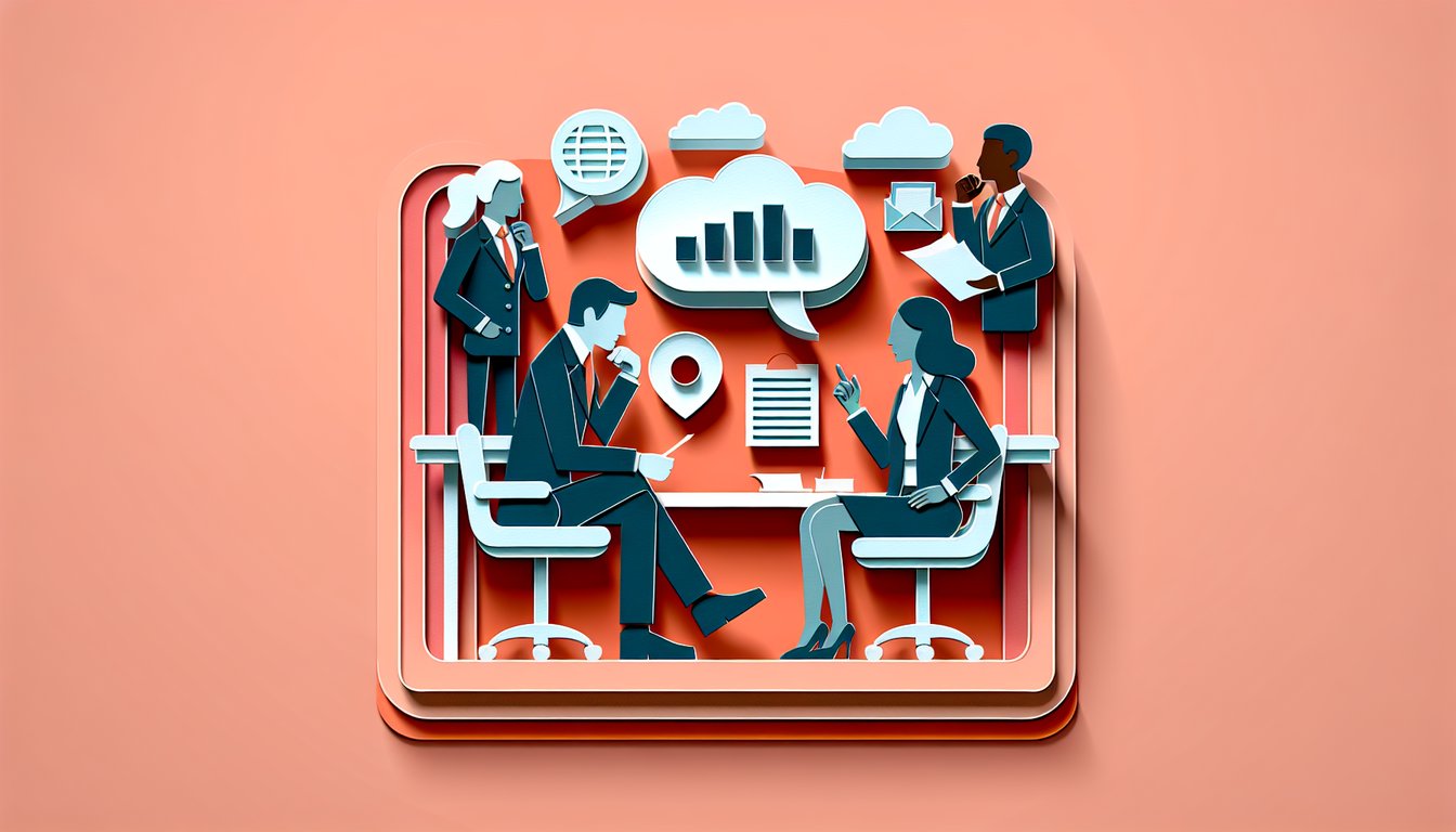 Paper art showing a person bowing before a taller figure and another standing defiantly on a coral background