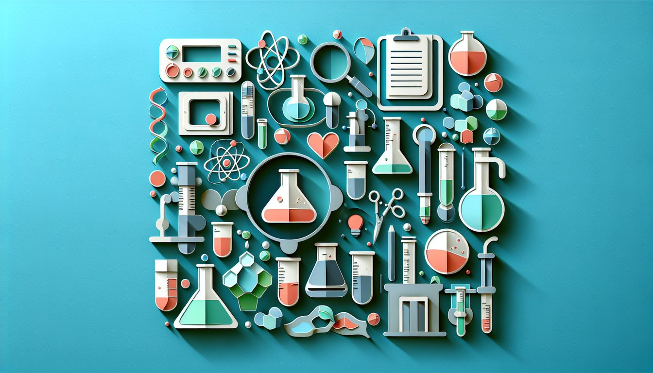 Paper art scene showing beakers powders and liquids on teal background for 5th grade mixtures and solutions quiz