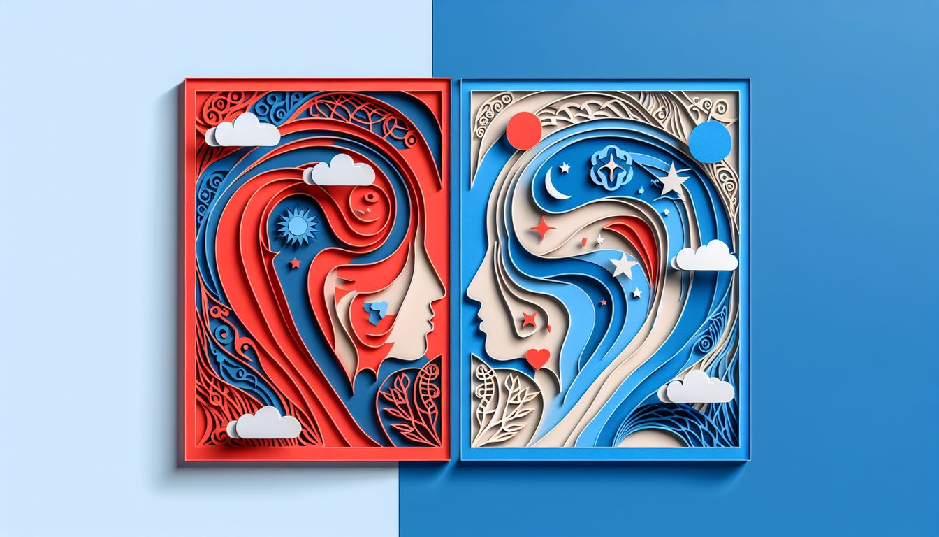Paper cut red and blue shapes split down middle on sky blue background represent bold red or calm blue quiz options