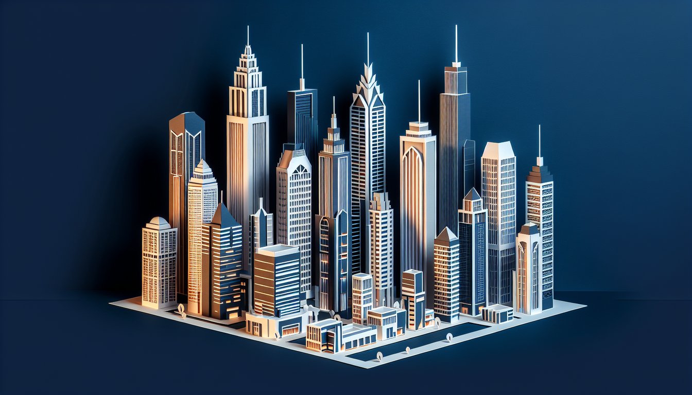 3D voxel art showcasing various concepts from the Design of Tall Buildings course