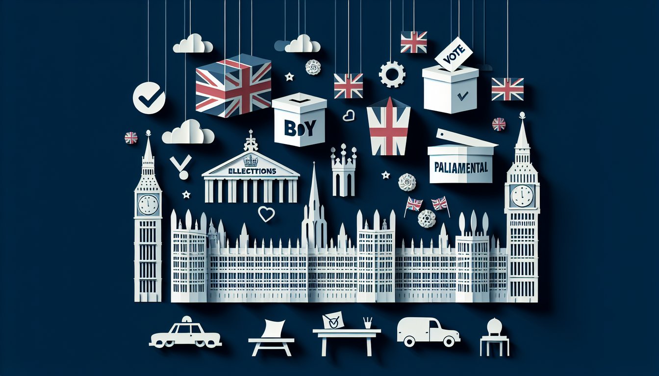Colorful paper art displaying questions for UK Election Trivia Quiz