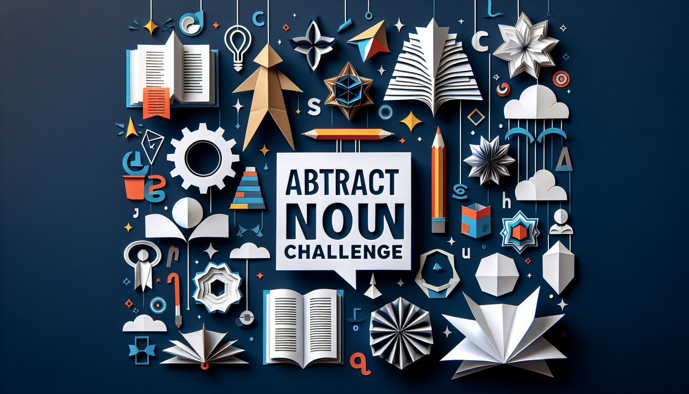 Colorful paper art promoting the Abstract Noun Challenge, an English Language Arts quiz.