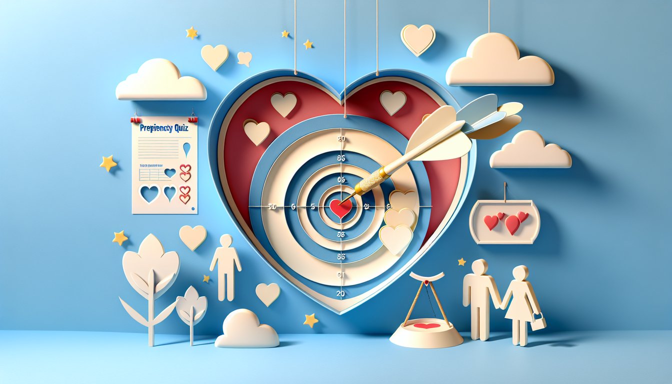 Paper art illustration featuring layered hearts and question marks on a sky blue background playful love quiz theme