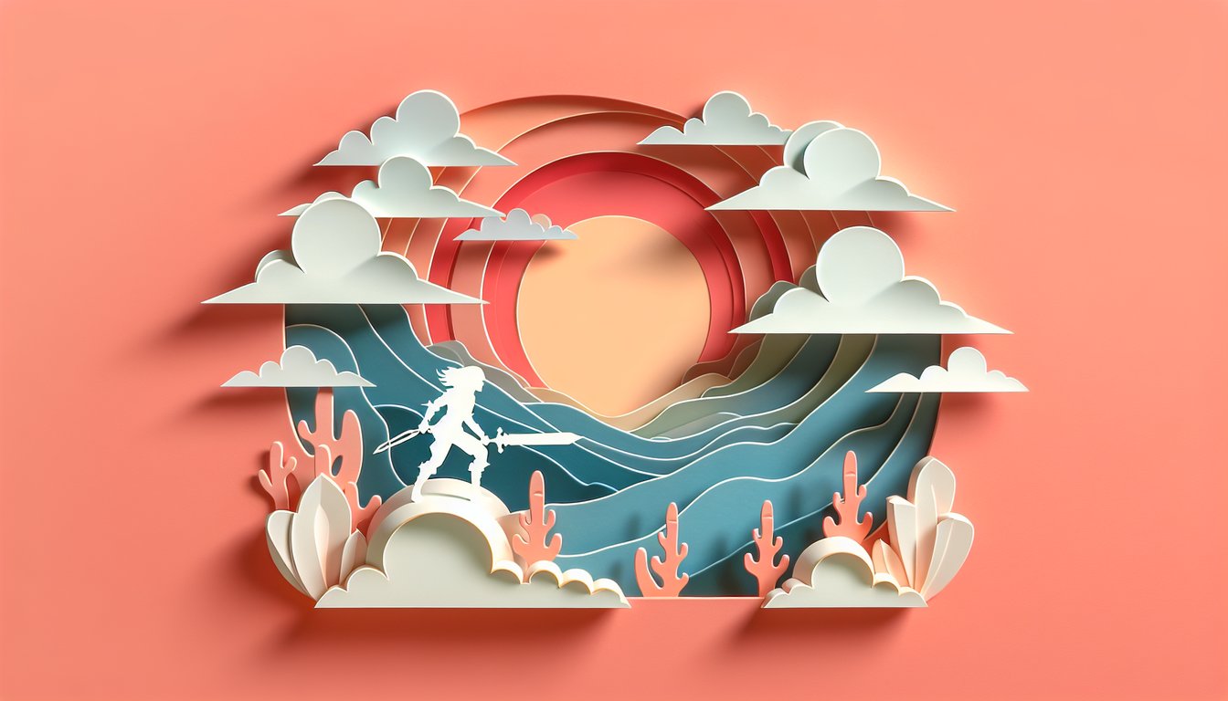 paper art illustration of sword shield and open book on coral background hinting at a destined hero quiz