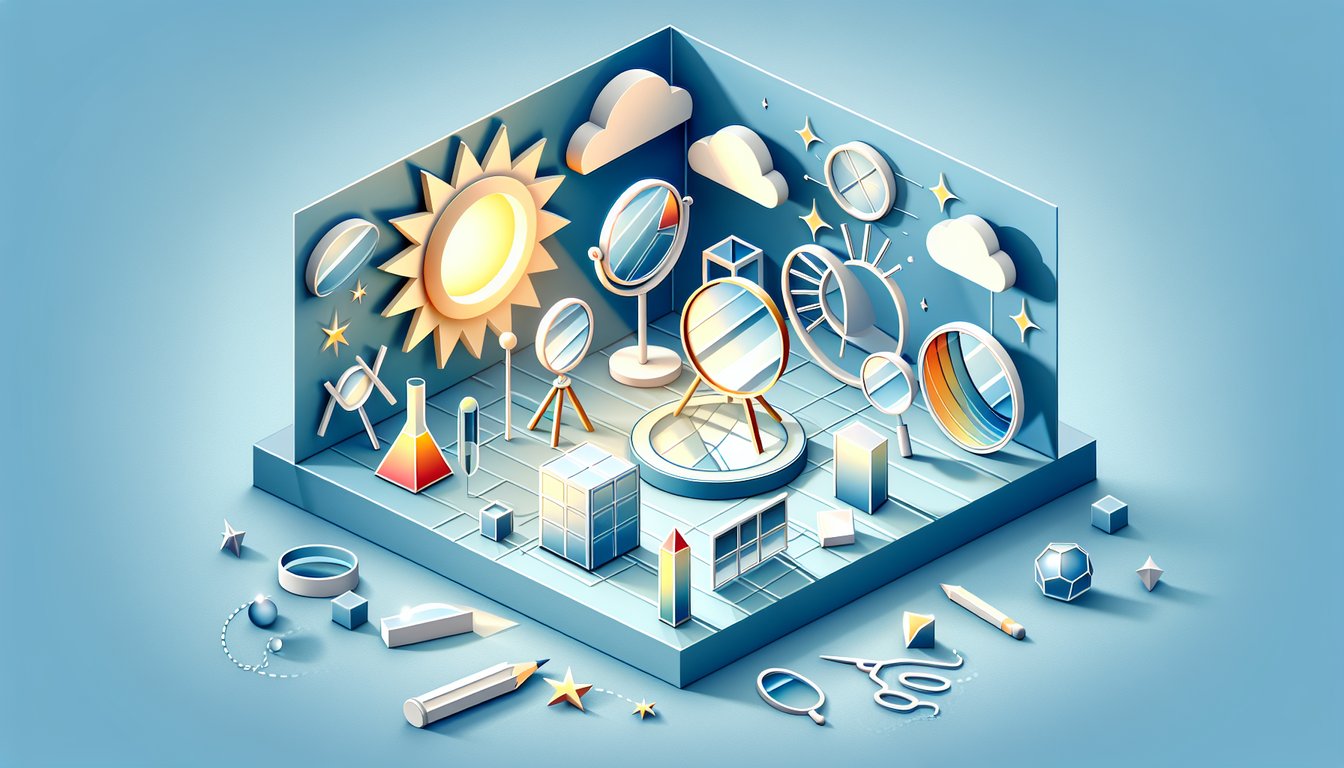 Paper art illustration for optics quiz on reflection and refraction on sky blue background
