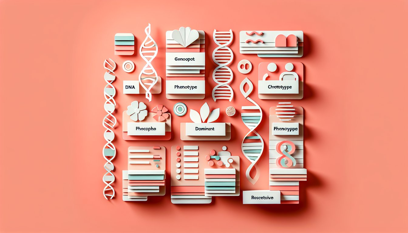 Paper art illustration for genotype phenotype quiz with DNA strands icons and coral background to test genetics knowledge