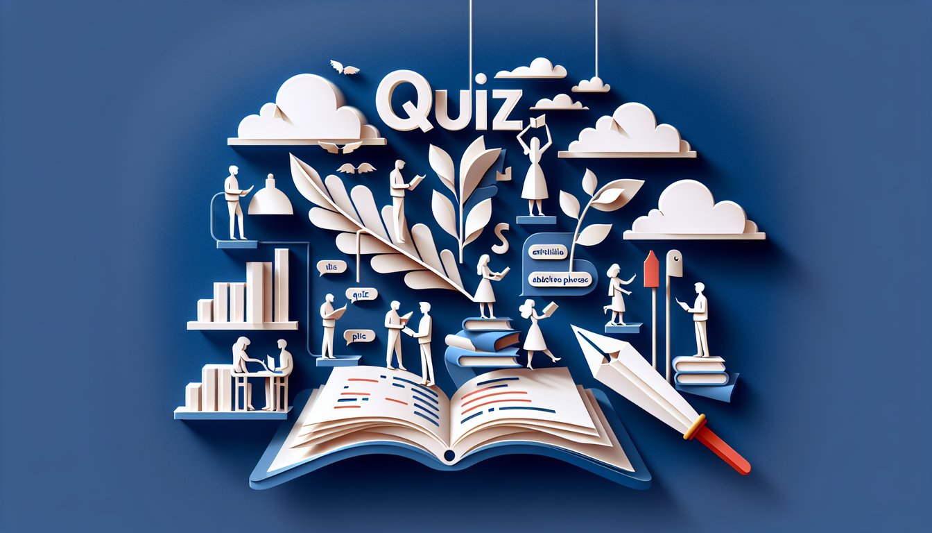 Paper art illustration of grammar quiz with floating participial phrases and absolute phrases on dark blue background