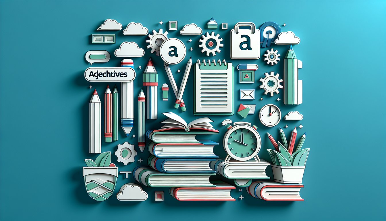 Paper cut art illustration for free grammar quiz on attributive and non attributive adjectives on teal background.