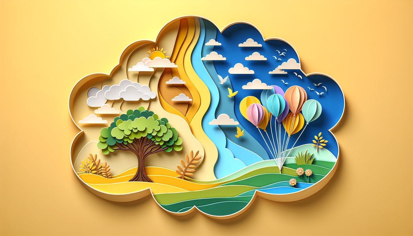 Paper art illustration for emotional maturity quiz on a golden yellow background