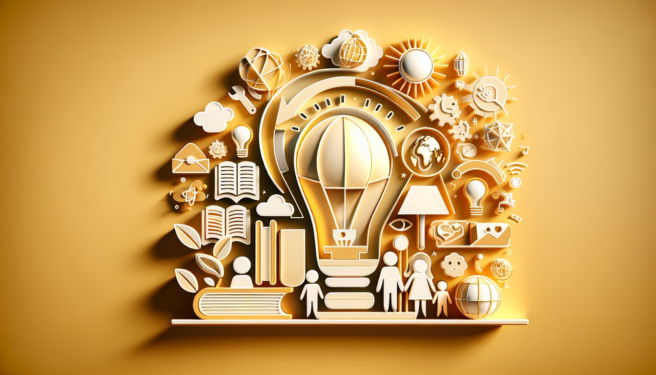 paper art family quiz scene with multiple choice cards, question marks, trophy on golden yellow background