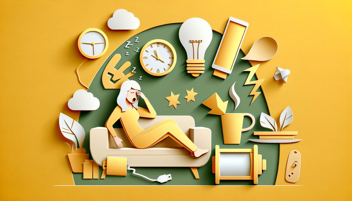 Paper art illustration for fatigue quiz on a golden yellow background