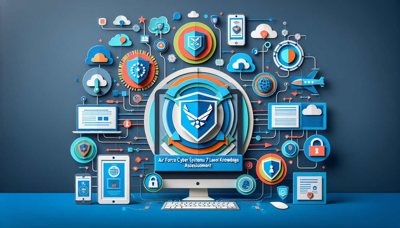 Colorful paper art promoting a quiz on Air Force Cyber Systems 7-Level Knowledge Assessment