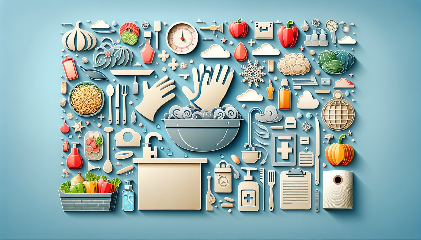 Paper art food quiz shows clipboard fork knife and checklist with check marks for hygiene test on sky blue background