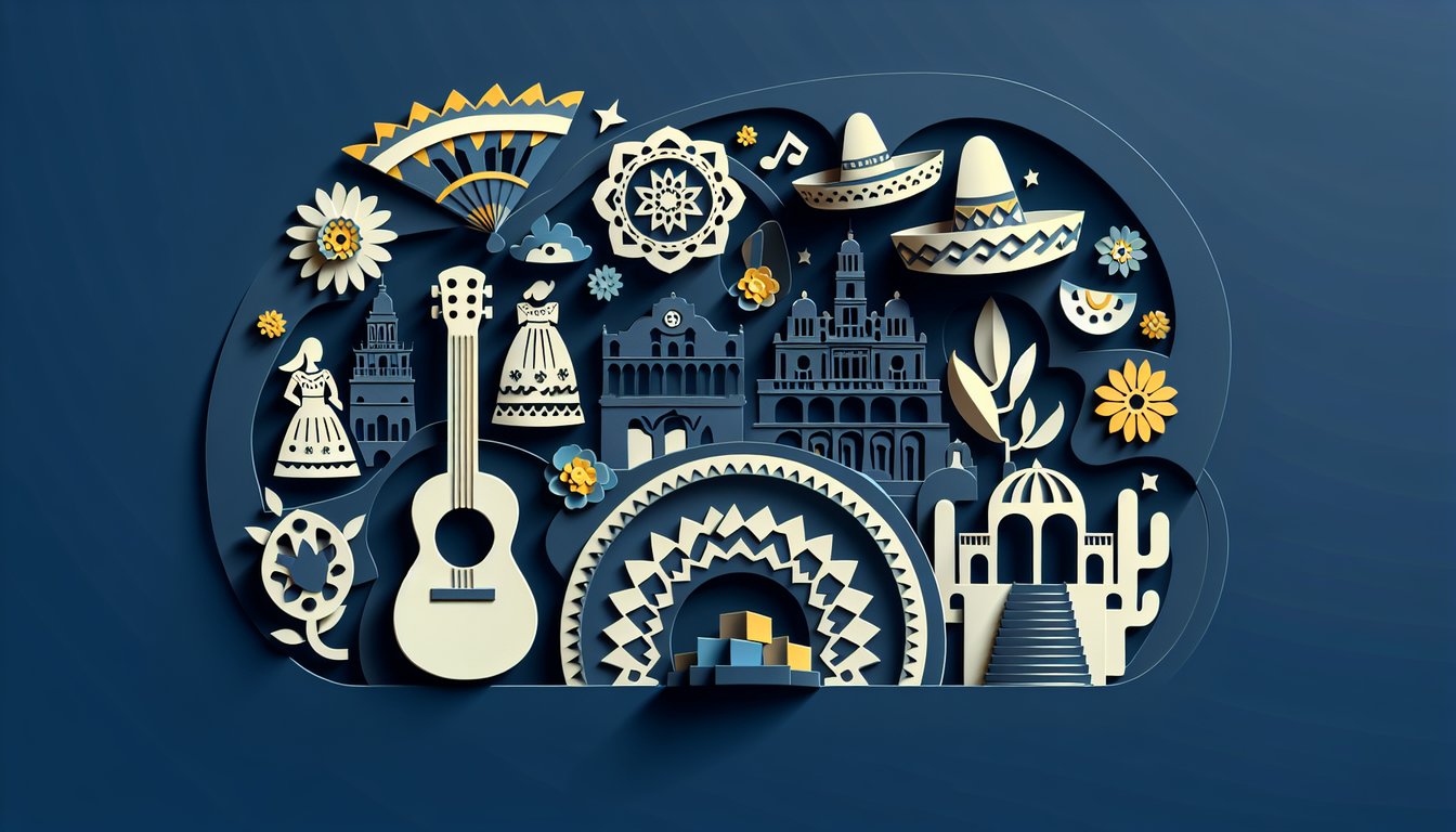 paper art quiz banner featuring Mexican heritage motifs beans papel picado cacti Aztec patterns on dark blue background