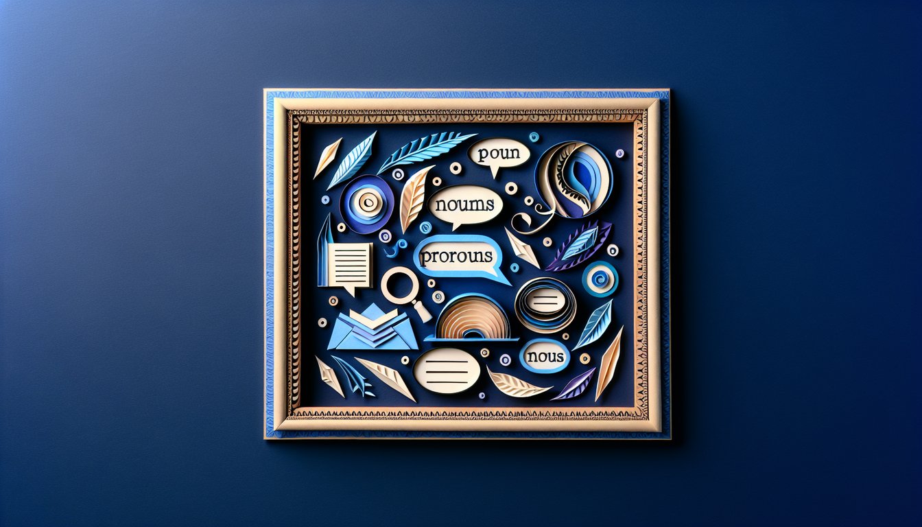 Colorful paper art promoting a trivia quiz on nouns and pronouns for high school English learners.