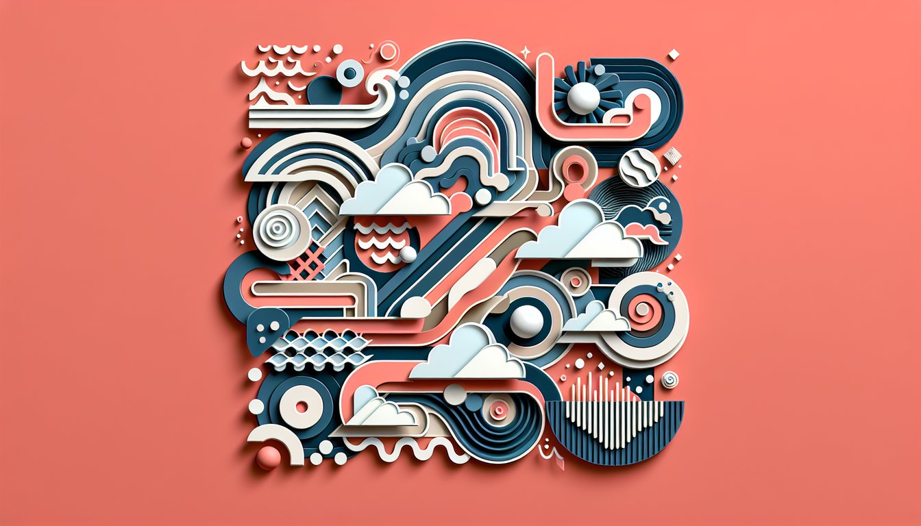 Paper cut shapes representing elements of art on coral background quiz banner