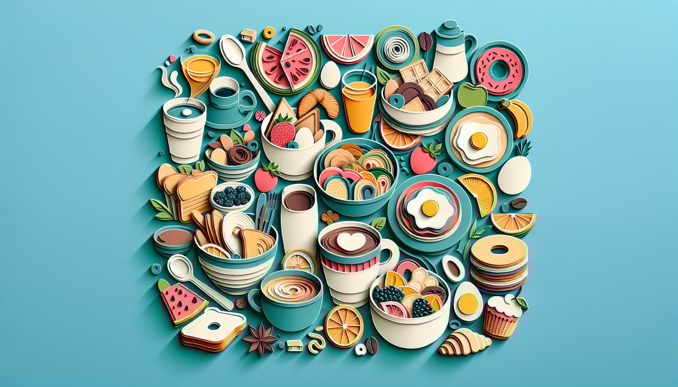Paper art illustration for breakfast quiz with tasty meal ideas on a teal background