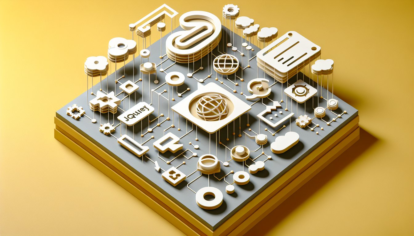 paper art illustration for jQuery quiz challenge on selectors, events, functions trivia on golden yellow background