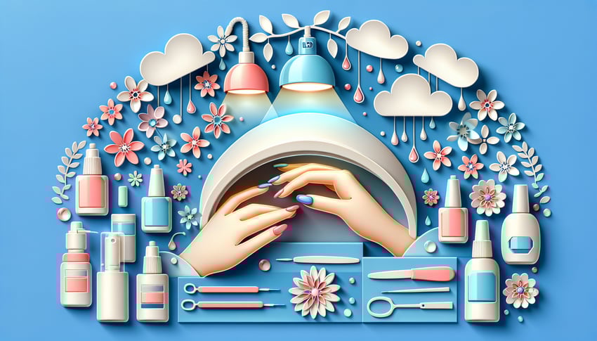 Paper art illustration showing UV and LED bonding gel tools nail adhesion and curing quiz theme on sky blue background.