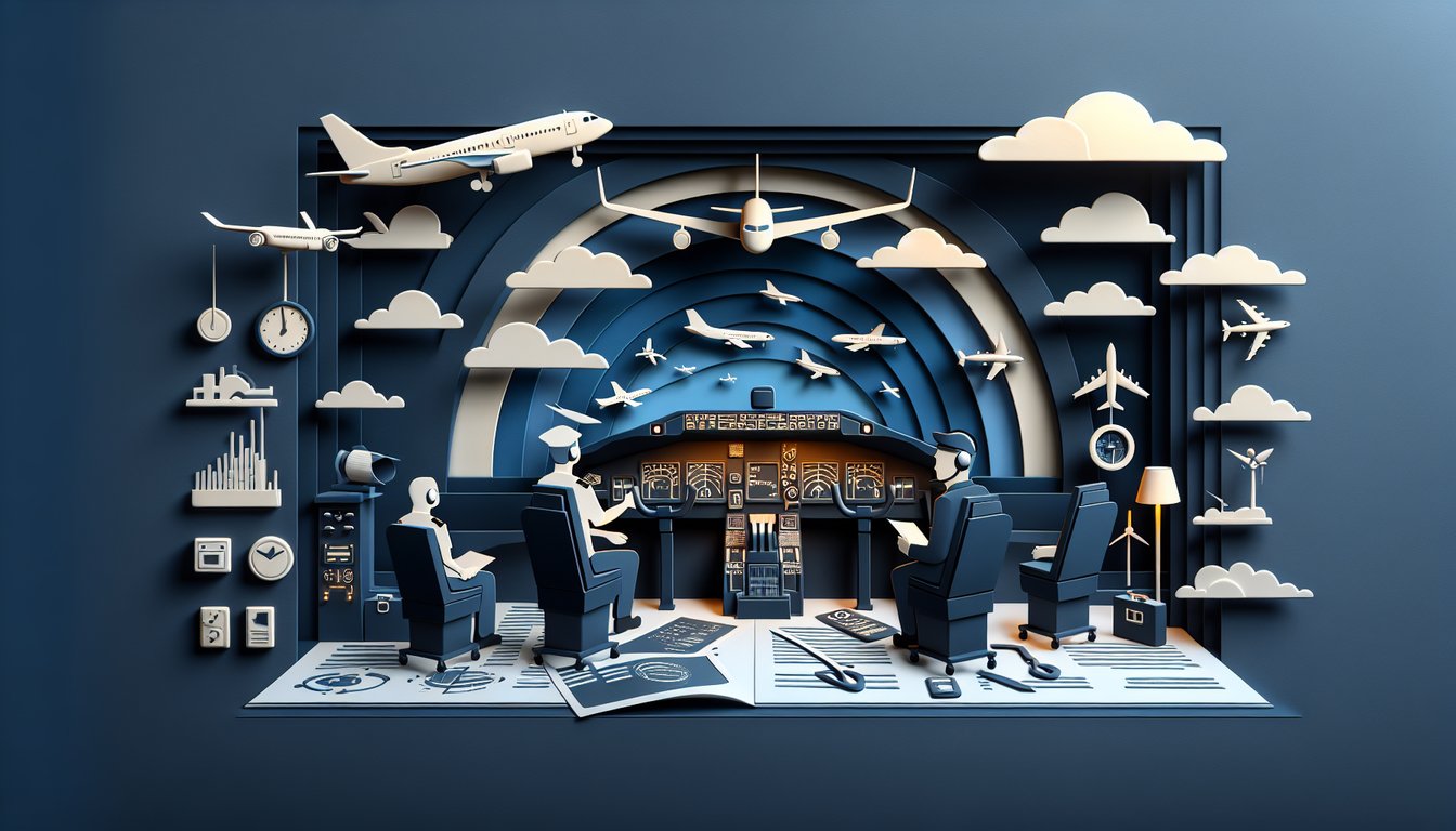 Paper art airplane over clouds with checklist and cockpit controls on dark blue background flight operations quiz