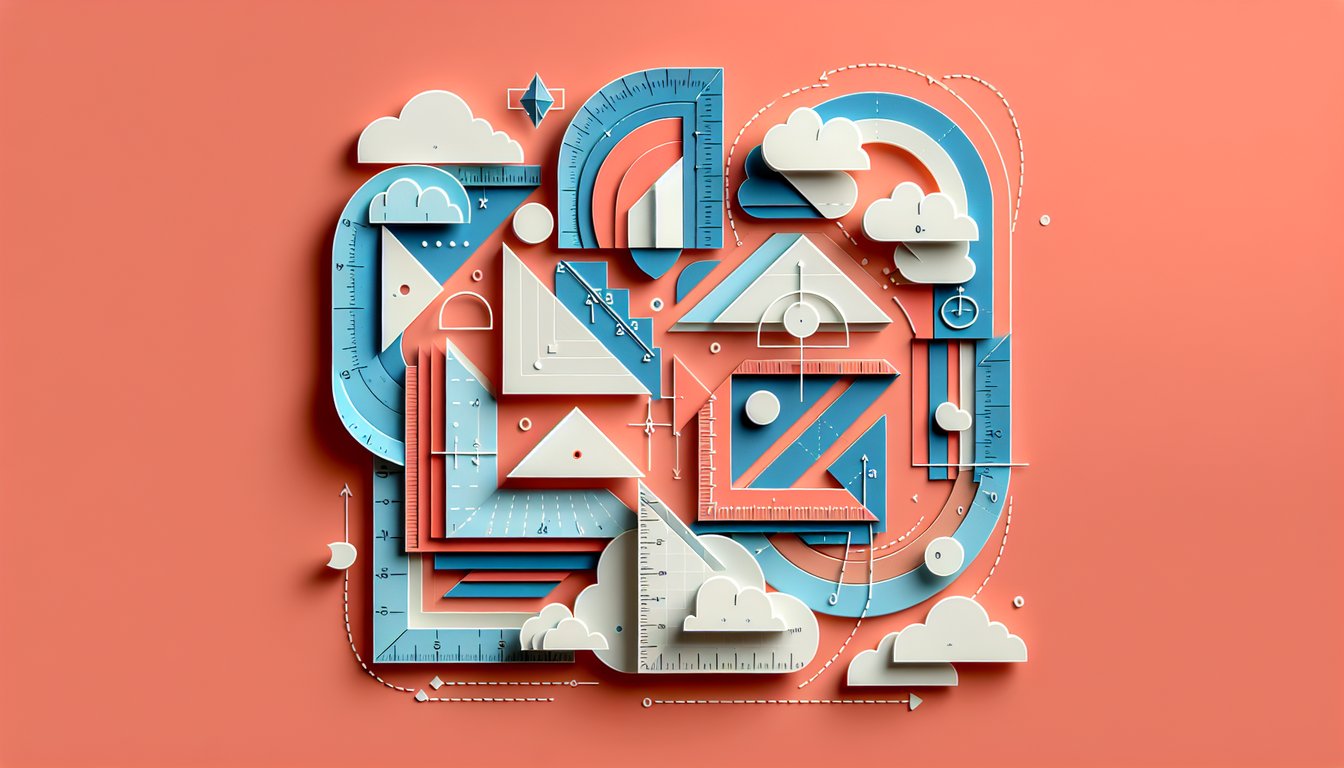 Paper cutout illustration of corresponding adjacent and vertical angles with rulers and protractors on a coral background