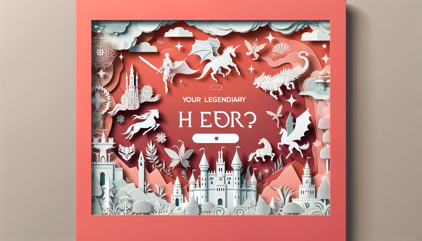 Paper art illustration for fantasy-themed quiz to discover your legendary hero match on a coral background.