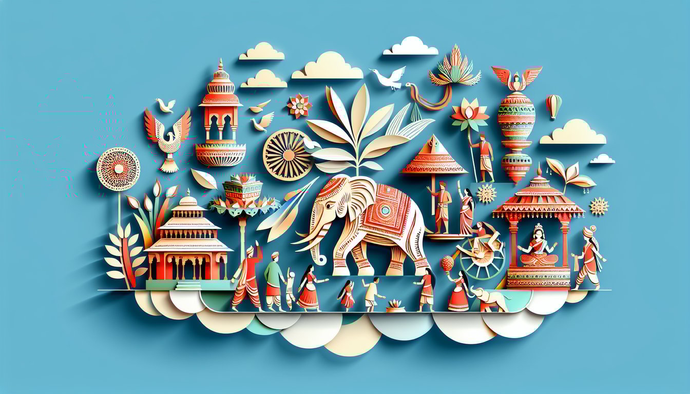 paper art illustration of Indian traditions and festivals with diya lotus dance mask quiz banner on sky blue background
