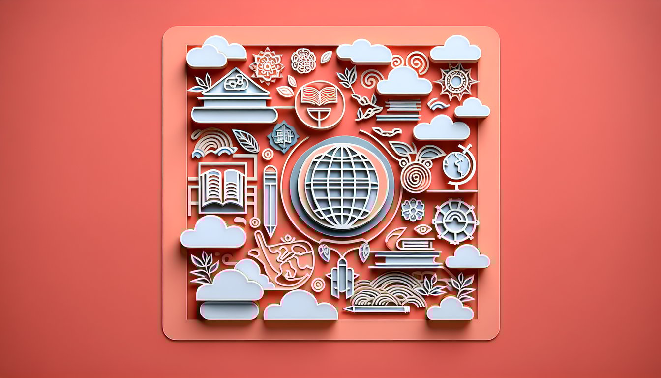 Paper art illustration for a cultural quiz on a coral background.