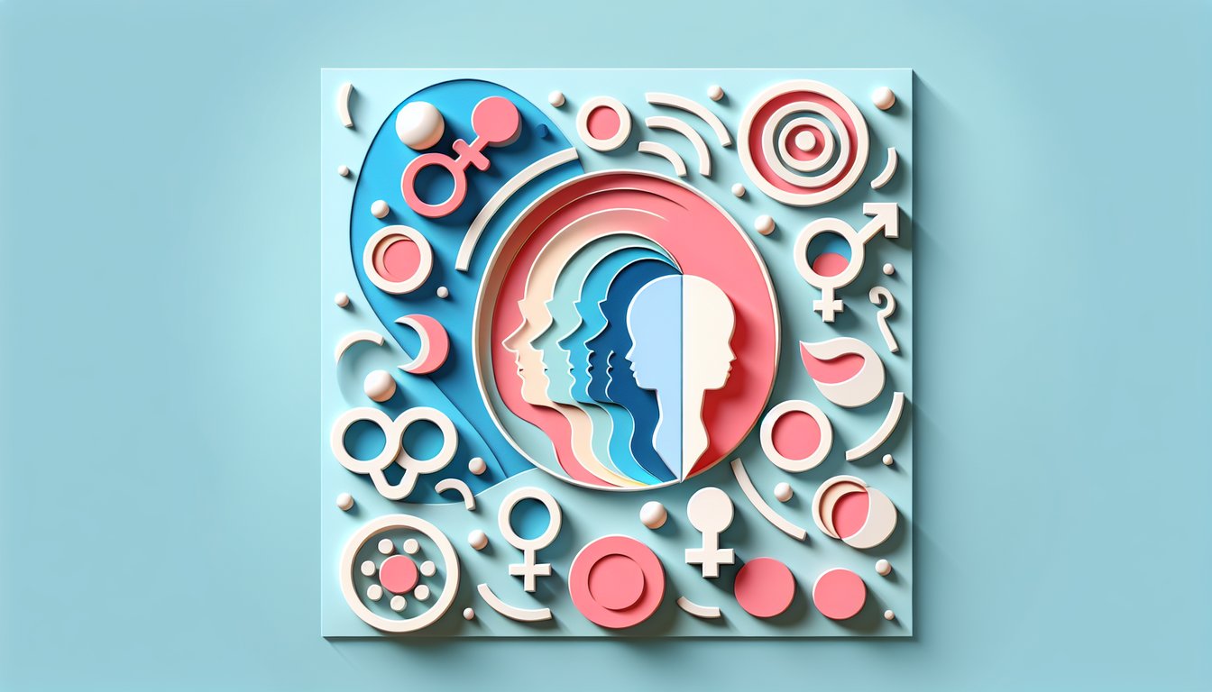 Paper art illustration for gender personality quiz on a sky blue background