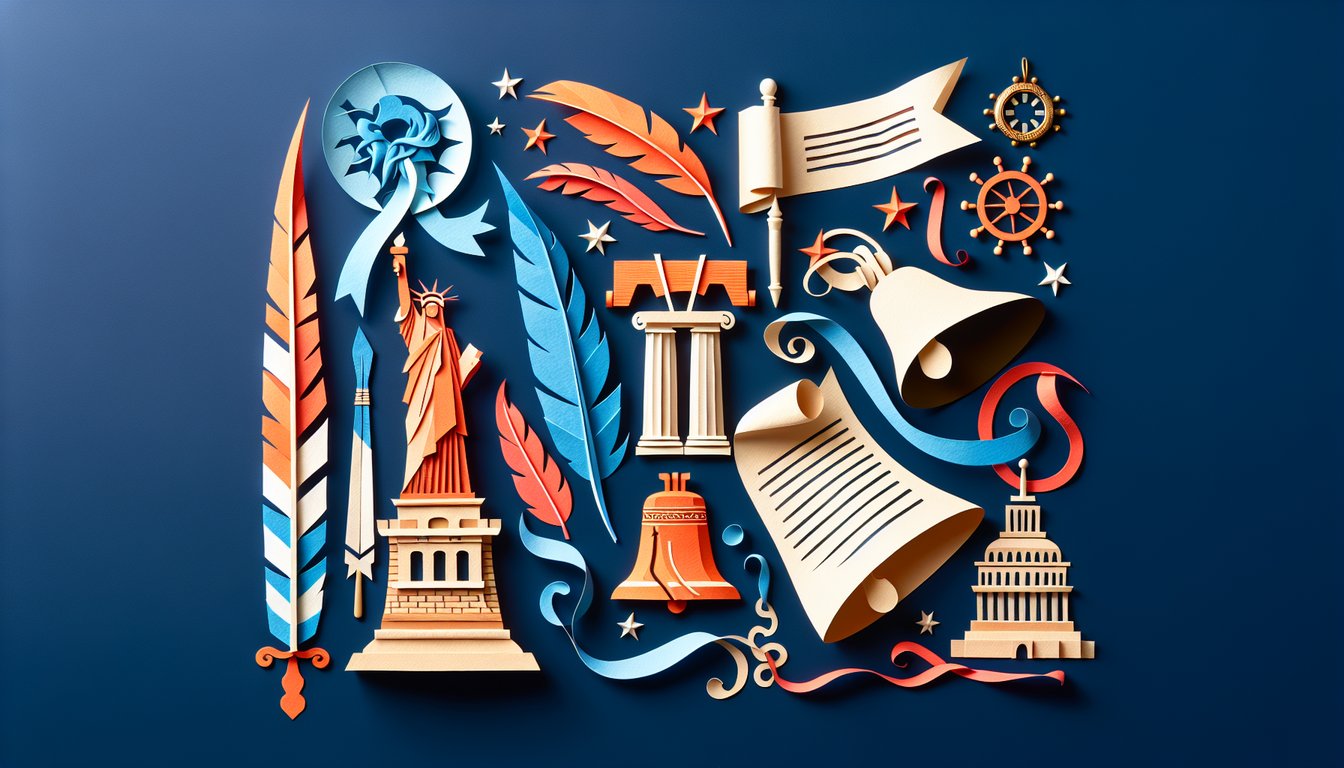 Colorful paper art promoting The Regents US History Quest trivia quiz for high school students.