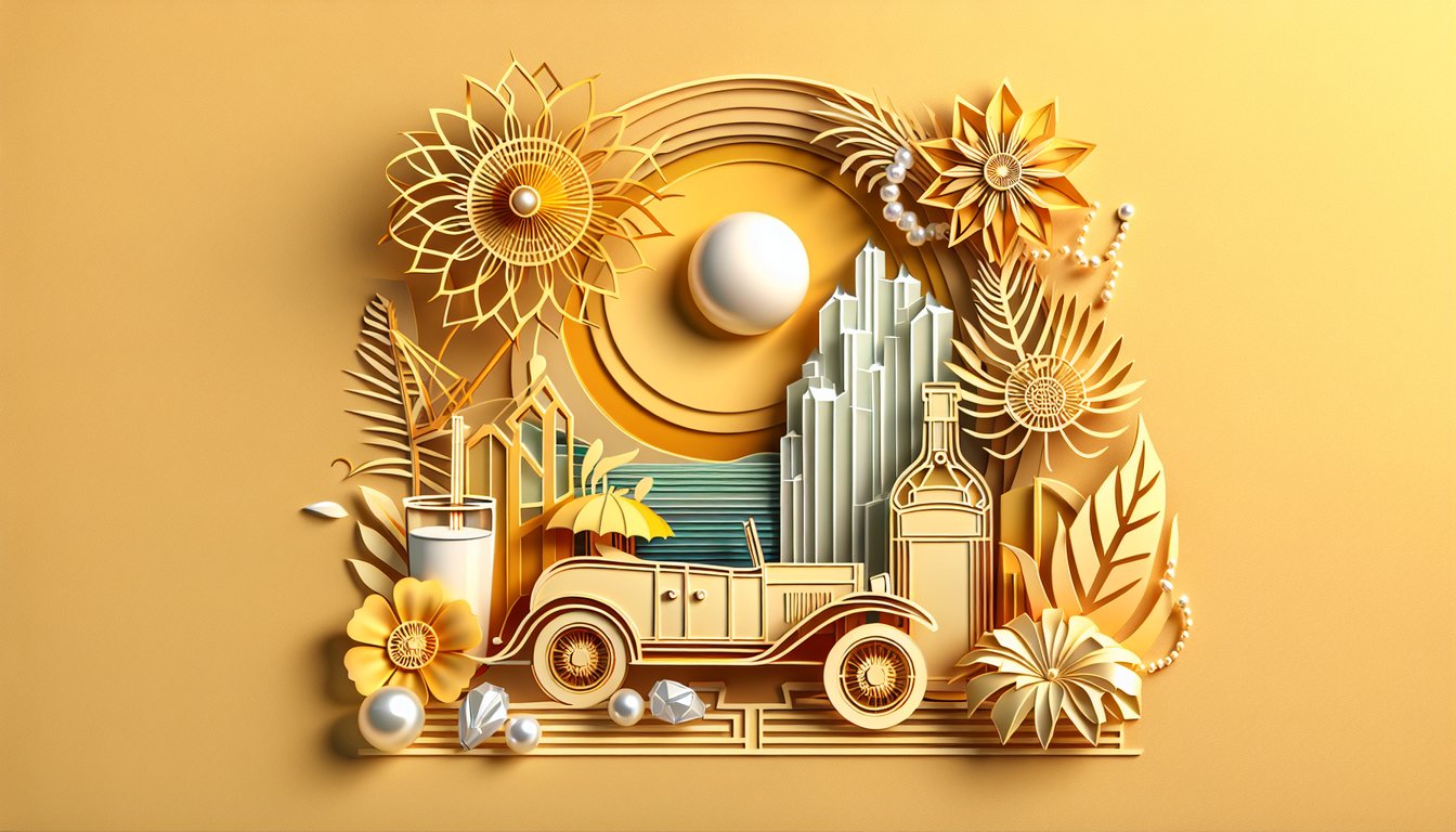 Paper art illustration for Great Gatsby Chapter 7 quiz on a golden yellow background